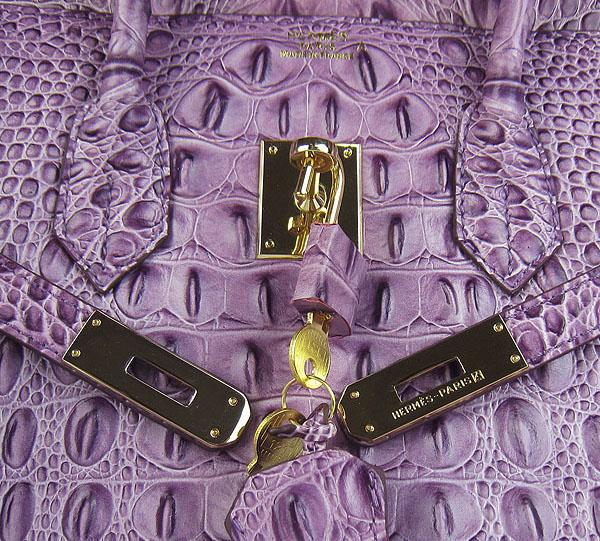 High Quality Fake Hermes Birkin 35CM Crocodile Head Veins Leather Bag Purple 6089